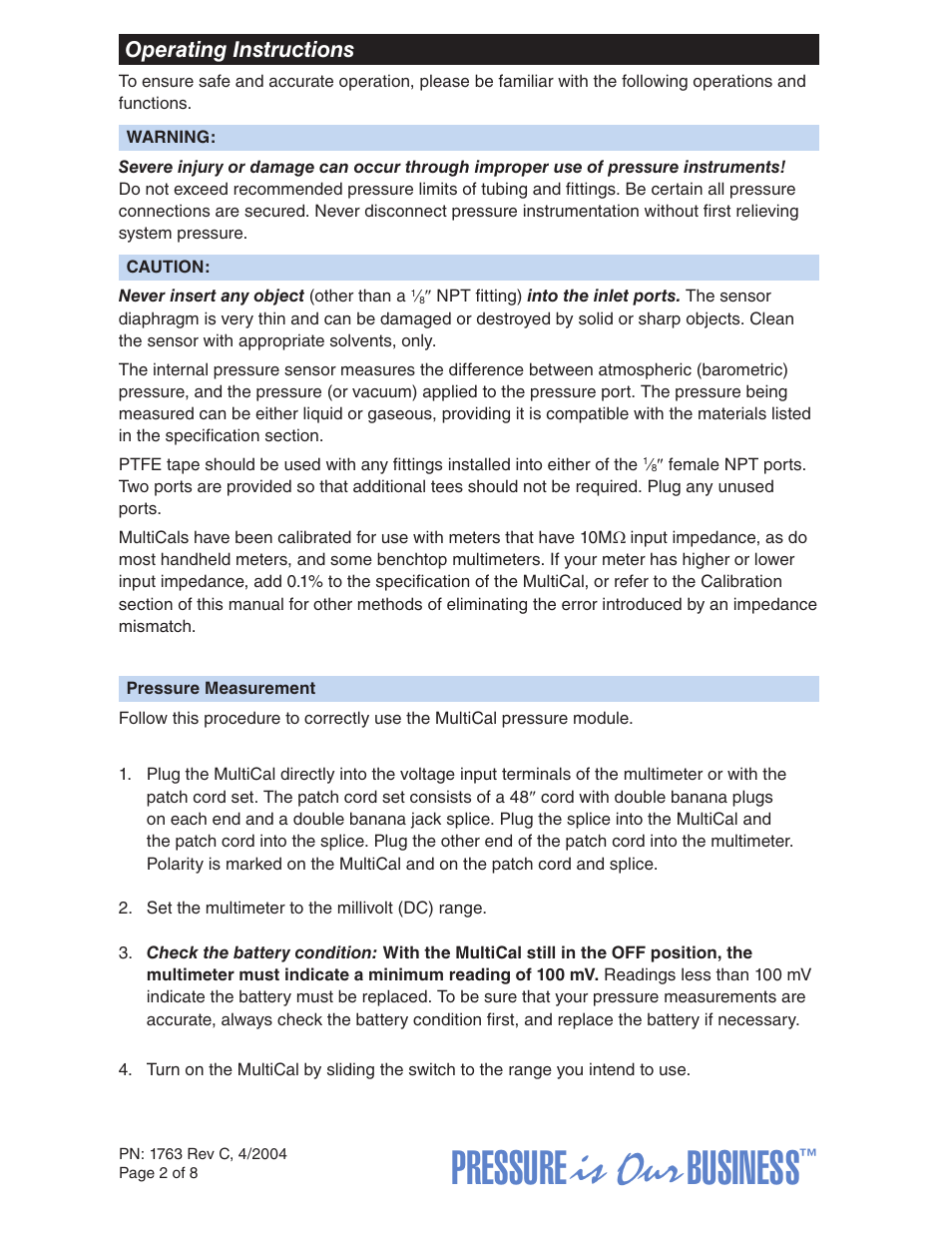 Pressure is our business | Crystal MultiCal KPA/PSI User Manual | Page 2 / 8