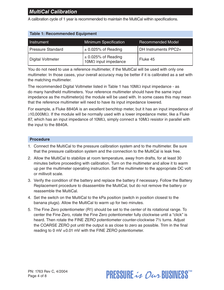 Pressure is our business | Crystal MultiCal KPA/PSI User Manual | Page 4 / 8