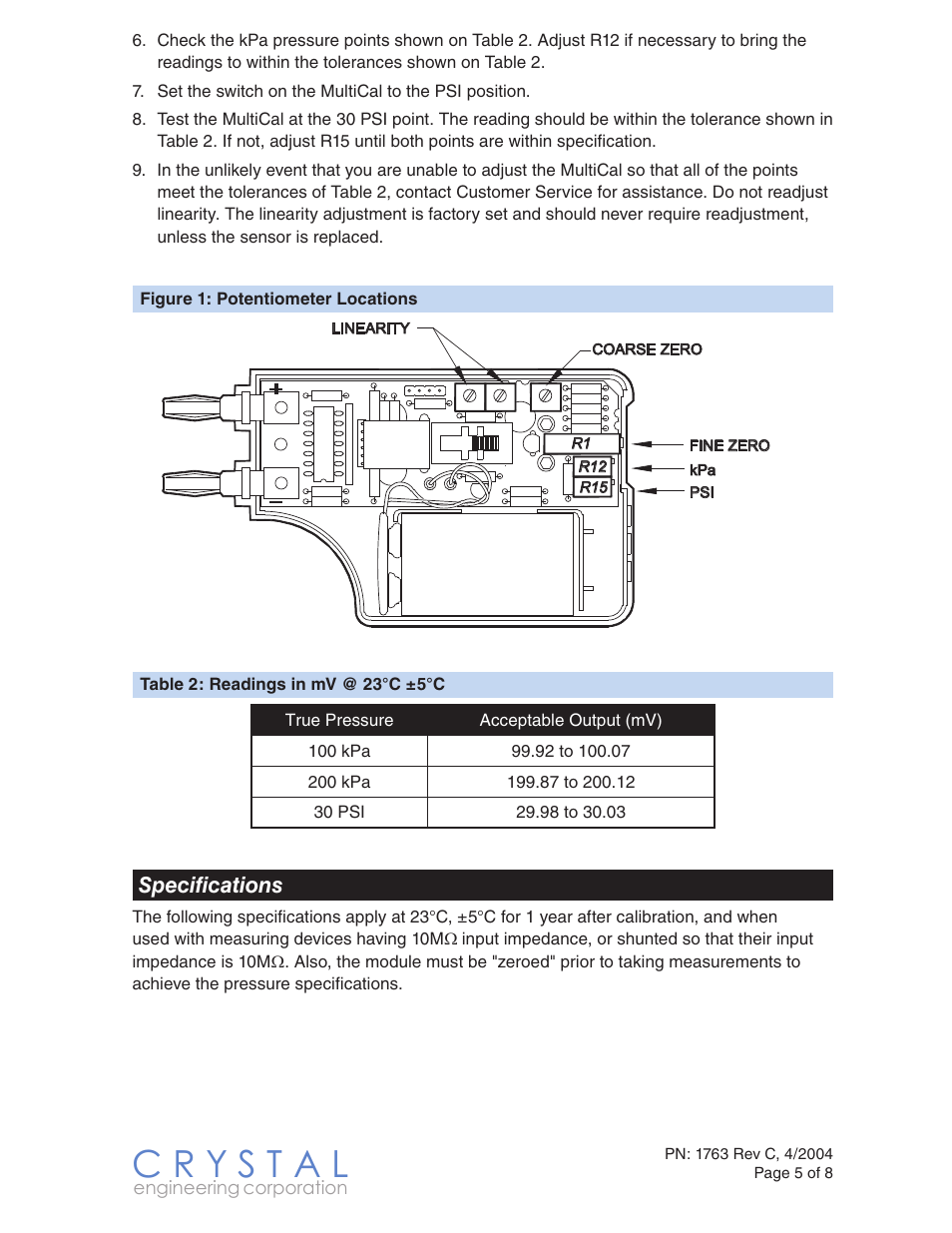 Multical calibration, Specifications | Crystal MultiCal KPA/PSI User Manual | Page 5 / 8