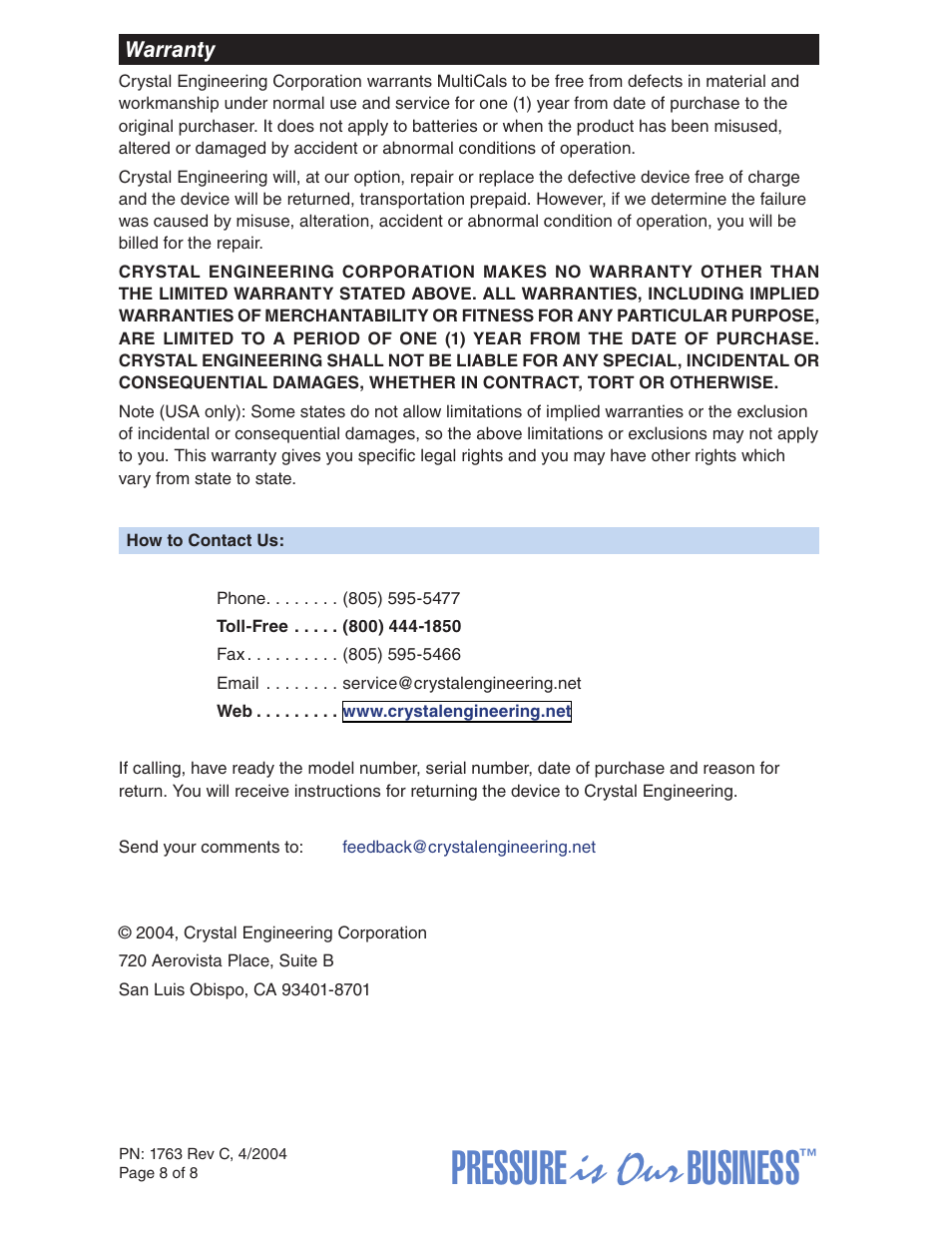 Pressure is our business | Crystal MultiCal KPA/PSI User Manual | Page 8 / 8
