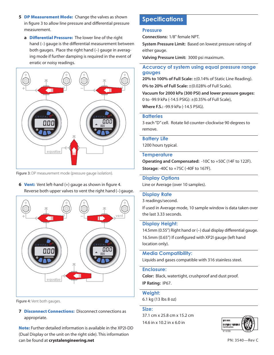 Specifications, Pressure, Batteries | Battery life, Temperature, Display options, Display rate, Display height, Media compatibility, Enclosure | Crystal DiffXP User Manual | Page 2 / 2