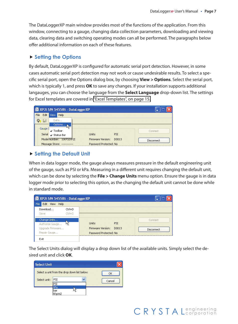 Setting the options, Setting the default unit, Setting.the.options | Setting.the.default.unit | Crystal DataLoggerXP User Manual | Page 10 / 21