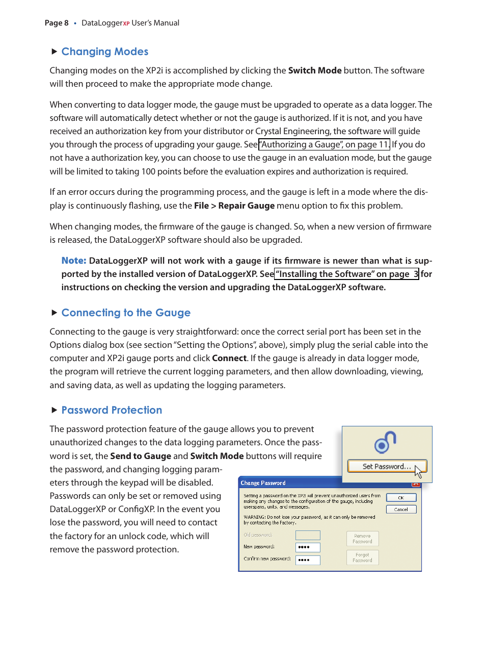 Changing modes, Connecting to the gauge, Password protection | Data logging parameters, Changing.modes, Connecting.to.the.gauge, Password.protection, Data.logging.parameters | Crystal DataLoggerXP User Manual | Page 11 / 21