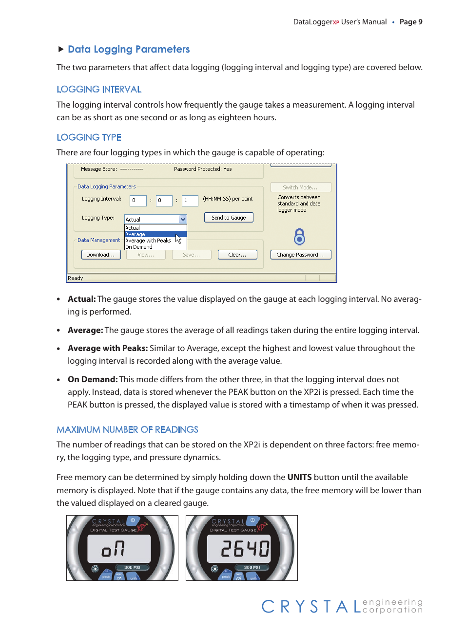 Logging interval, Logging type, Maximum number of readings | Logging.interval, Logging.type, Maximum.number.of.readings | Crystal DataLoggerXP User Manual | Page 12 / 21