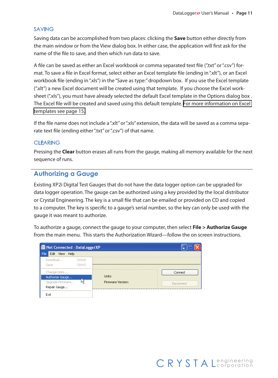 Saving, Clearing, Authorizing a gauge | Authorizing.a.gauge | Crystal DataLoggerXP User Manual | Page 14 / 21