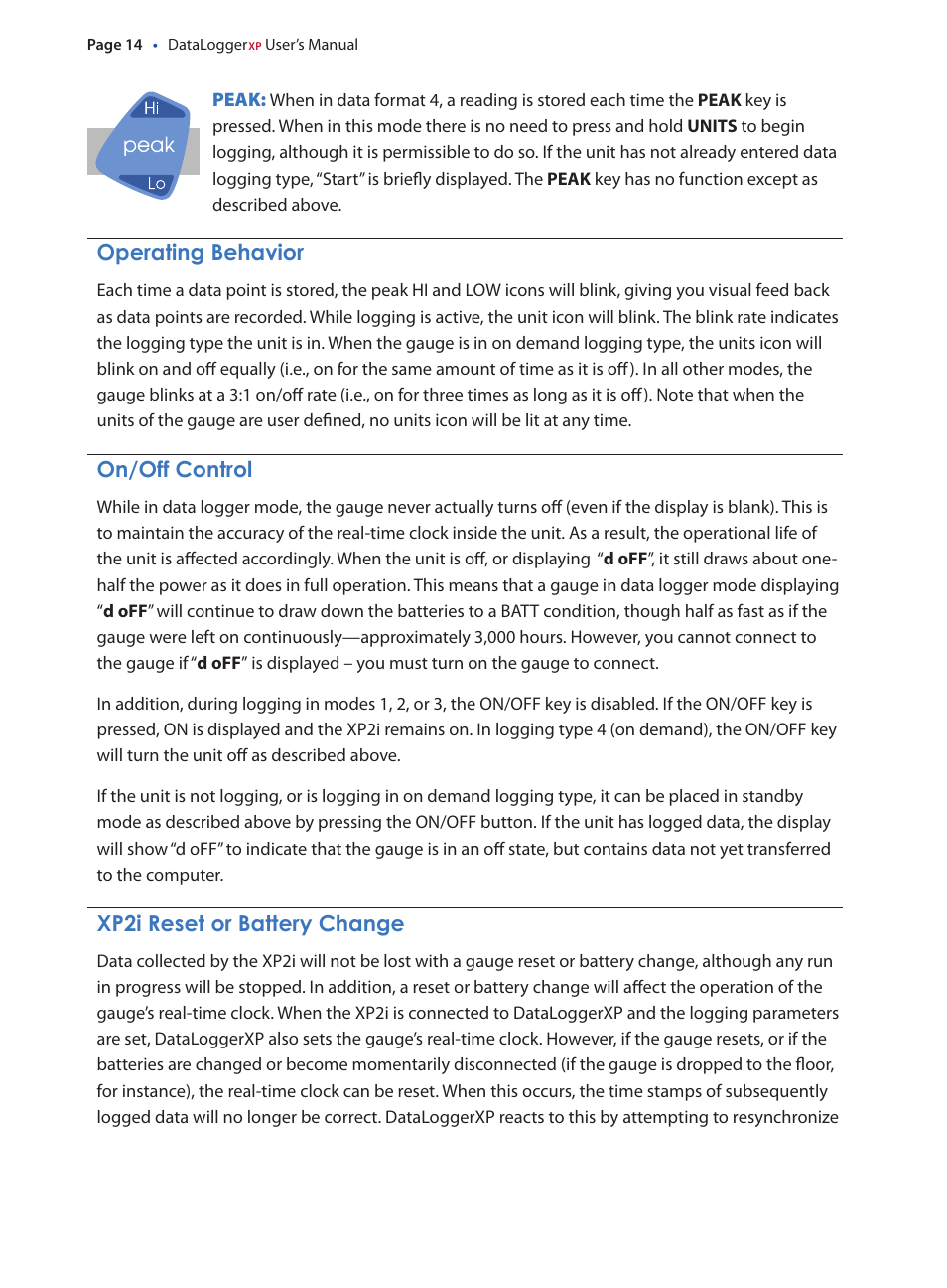 Operating behavior, On/off control, Xp2i reset or battery change | Operating.behavior, On/off.control, Xp2i.reset.or.battery.change | Crystal DataLoggerXP User Manual | Page 17 / 21