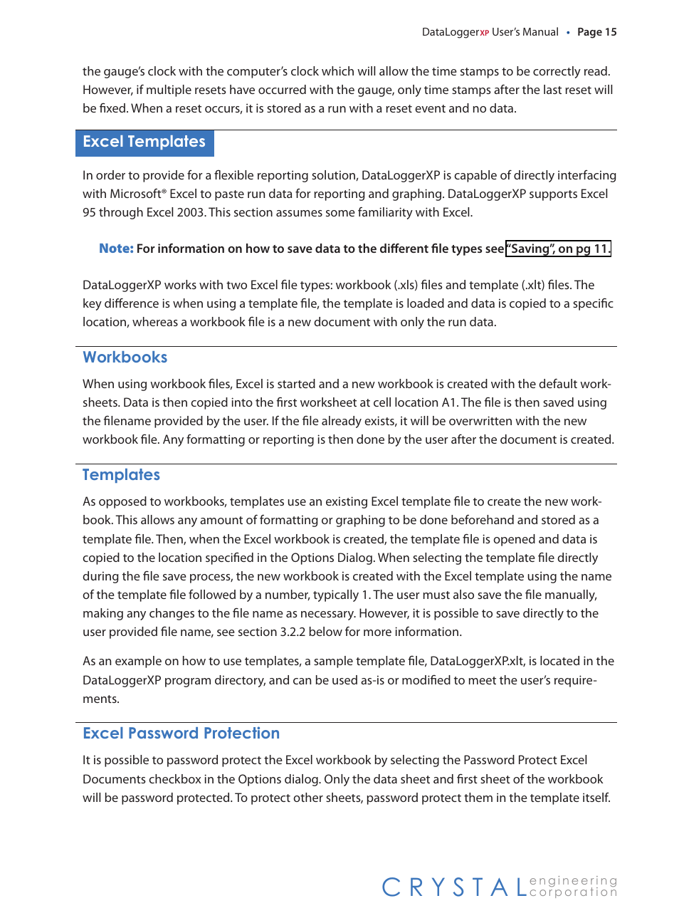 Excel templates, Workbooks, Templates | Excel password protection, Excel.templates, Excel.password.protection | Crystal DataLoggerXP User Manual | Page 18 / 21