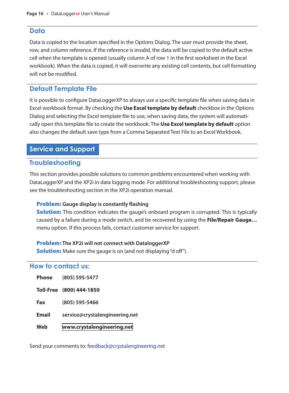 Data, Default template file, Service and support | Troubleshooting, How to contact us, Default.template.file, Service.and.support, How.to.contact.us, Service.and.support troubleshooting | Crystal DataLoggerXP User Manual | Page 19 / 21