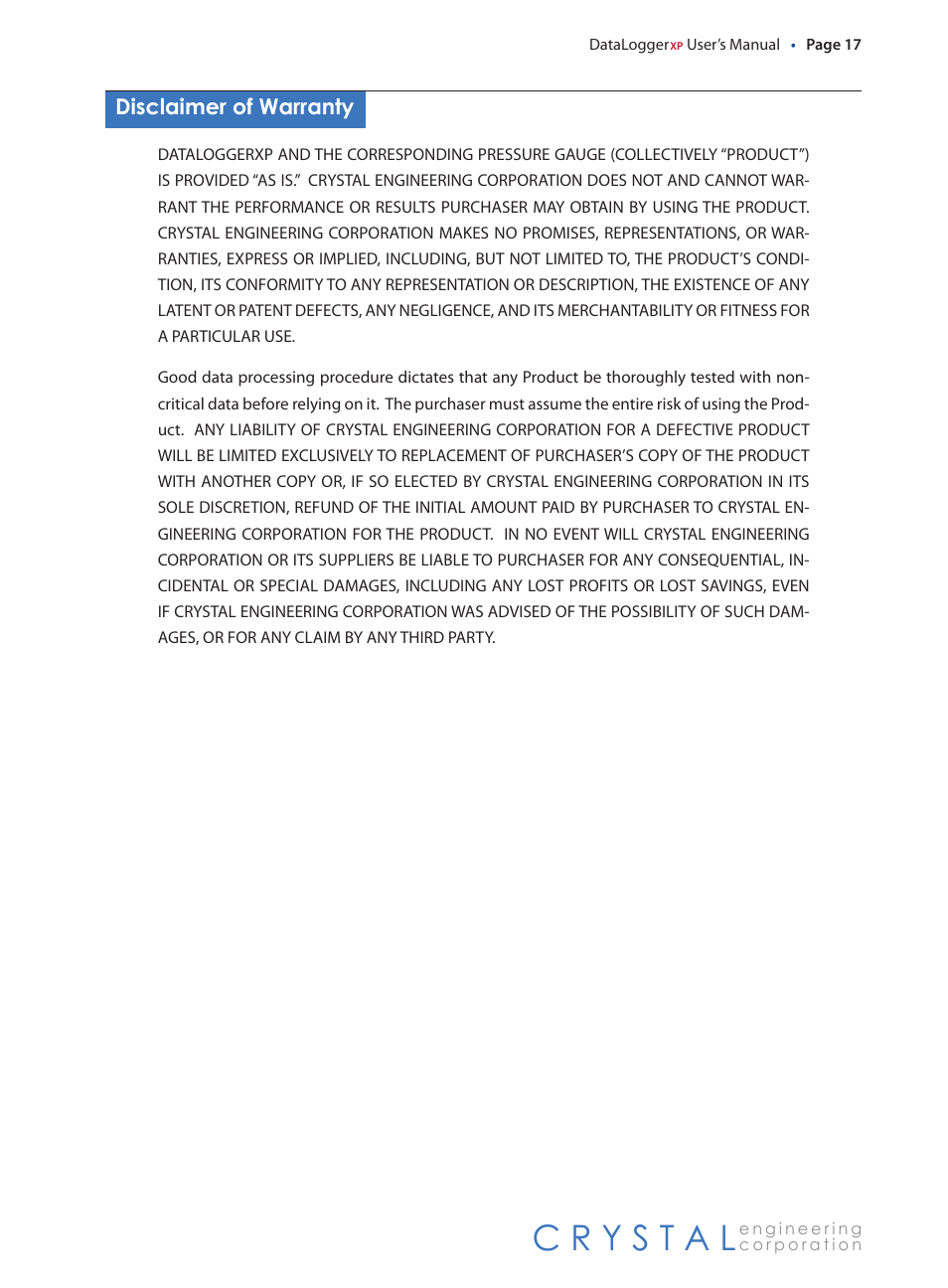 Disclaimer of warranty, Disclaimer.of.warranty | Crystal DataLoggerXP User Manual | Page 20 / 21
