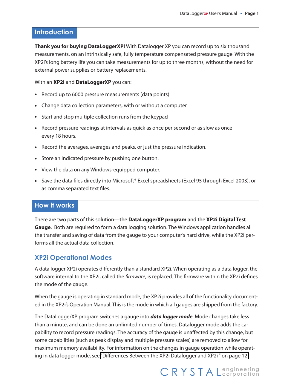 Introduction, How it works, Xp2i operational modes | How.it.works, Xp2i.operational.modes | Crystal DataLoggerXP User Manual | Page 4 / 21