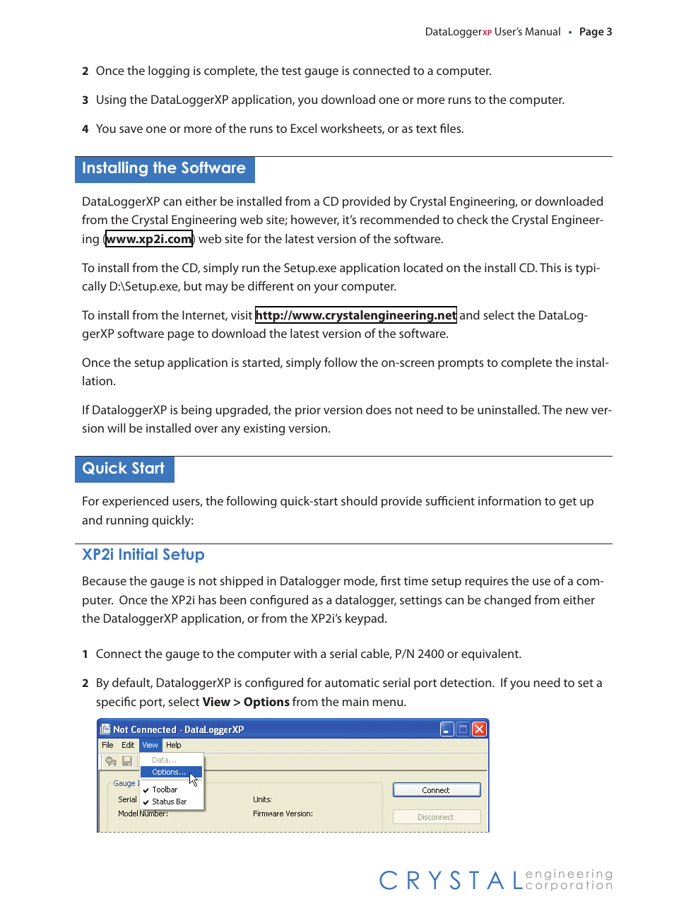 Installing the software, Quick start, Xp2i initial setup | Installing.the.software, Quick.start, Xp2i.initial.setup | Crystal DataLoggerXP User Manual | Page 6 / 21