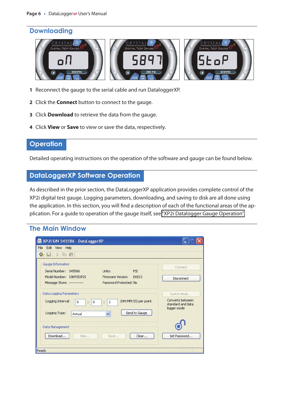 Downloading, Operation, Dataloggerxp software operation | The main window, Dataloggerxp.software.operation, The.main.window | Crystal DataLoggerXP User Manual | Page 9 / 21