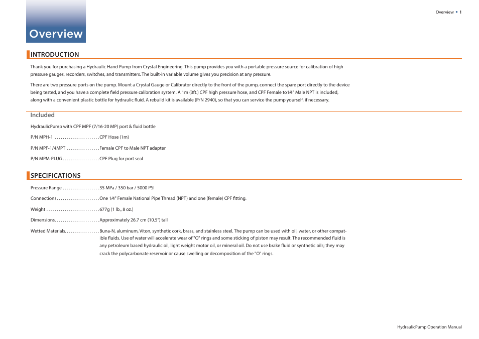 Overview, Introduction, Specifications | Specifi cations | Crystal HydraulicPump User Manual | Page 3 / 9