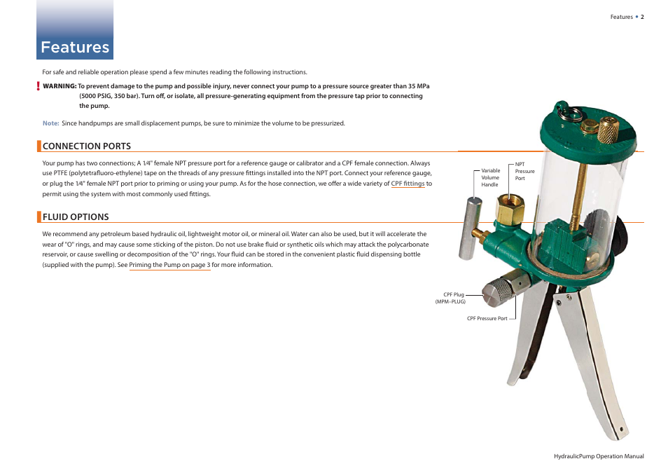 Features, Connection ports, Fluid options | Crystal HydraulicPump User Manual | Page 4 / 9