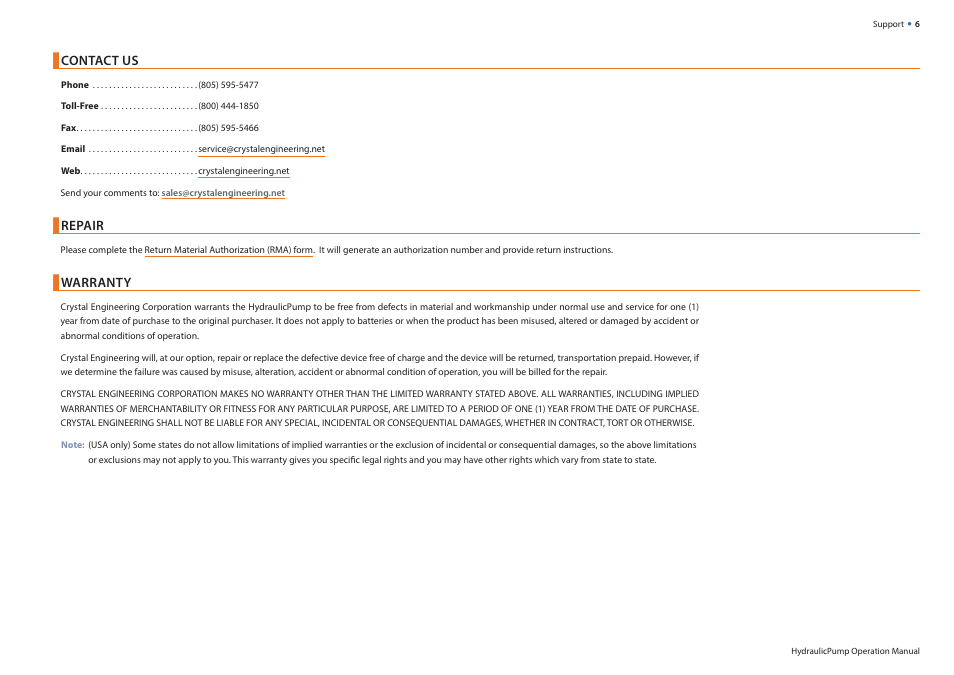 Contact us, Repair, Warranty | Crystal HydraulicPump User Manual | Page 8 / 9