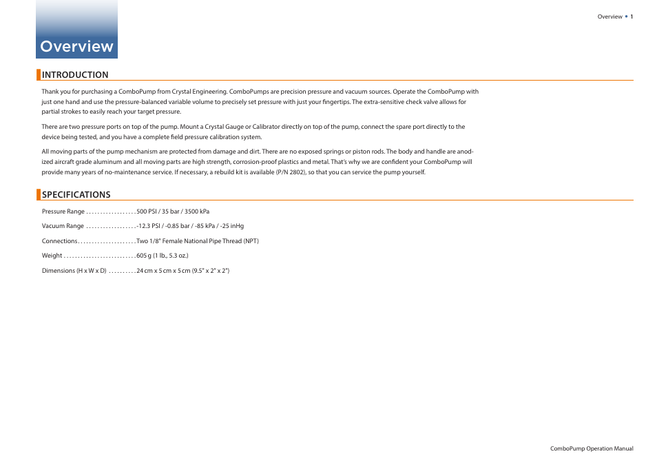 Overview, Introduction, Specifications | Crystal ComboPump User Manual | Page 3 / 7