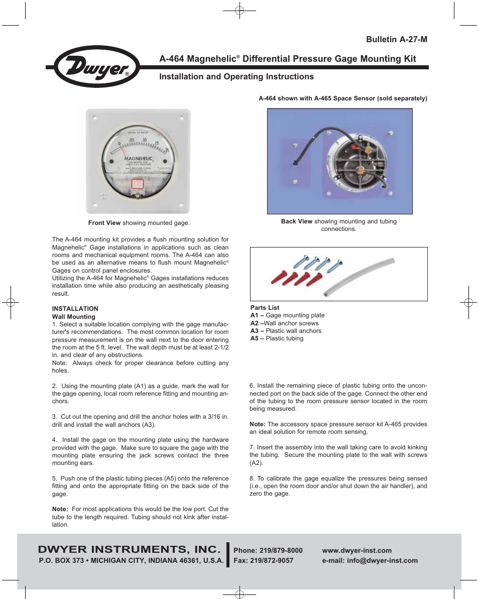 Dwyer A-464 User Manual | 2 pages