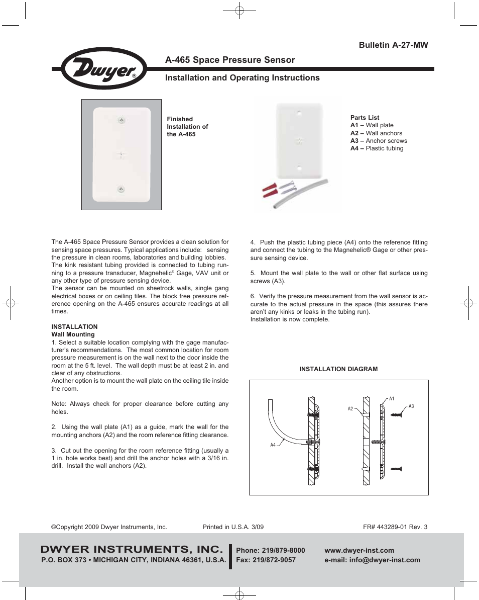 Dwyer A-465 User Manual | 1 page