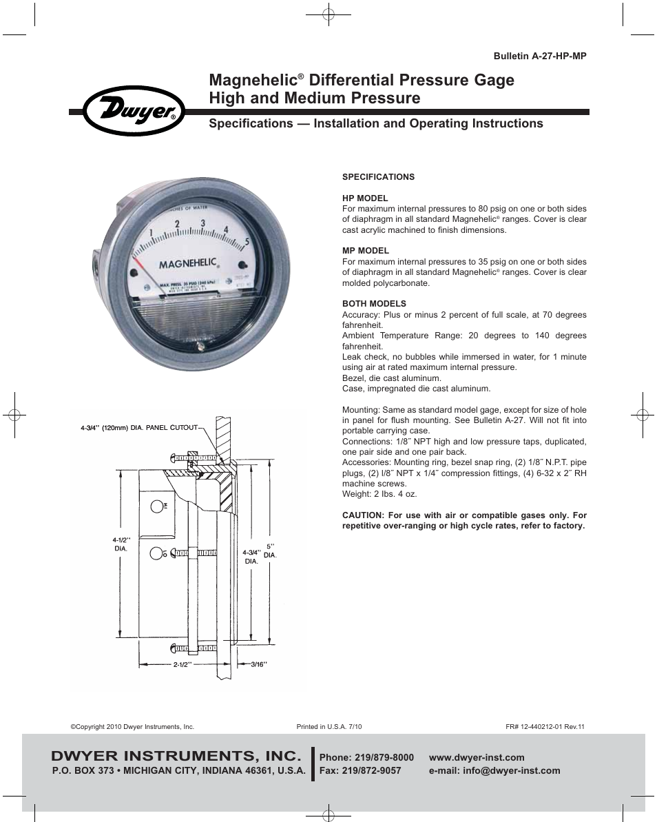 Dwyer HP MODEL User Manual | 1 page