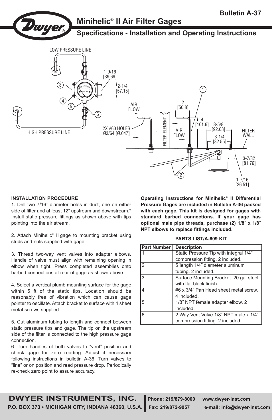 Dwyer Minihelic  II Air Filter Gages User Manual | 2 pages