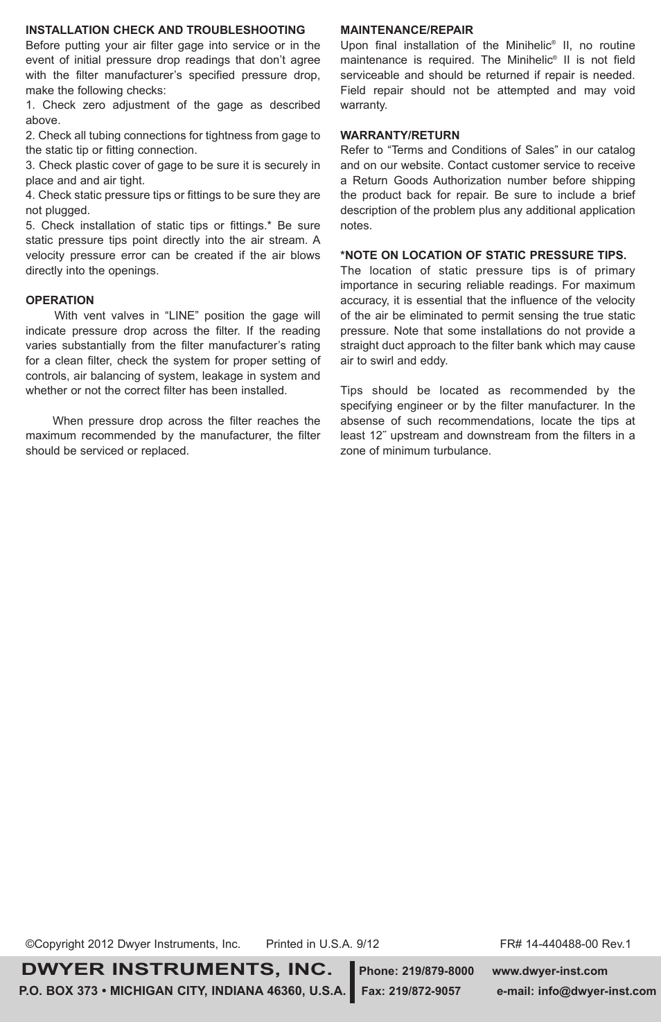 Dwyer instruments, inc | Dwyer Minihelic  II Air Filter Gages User Manual | Page 2 / 2