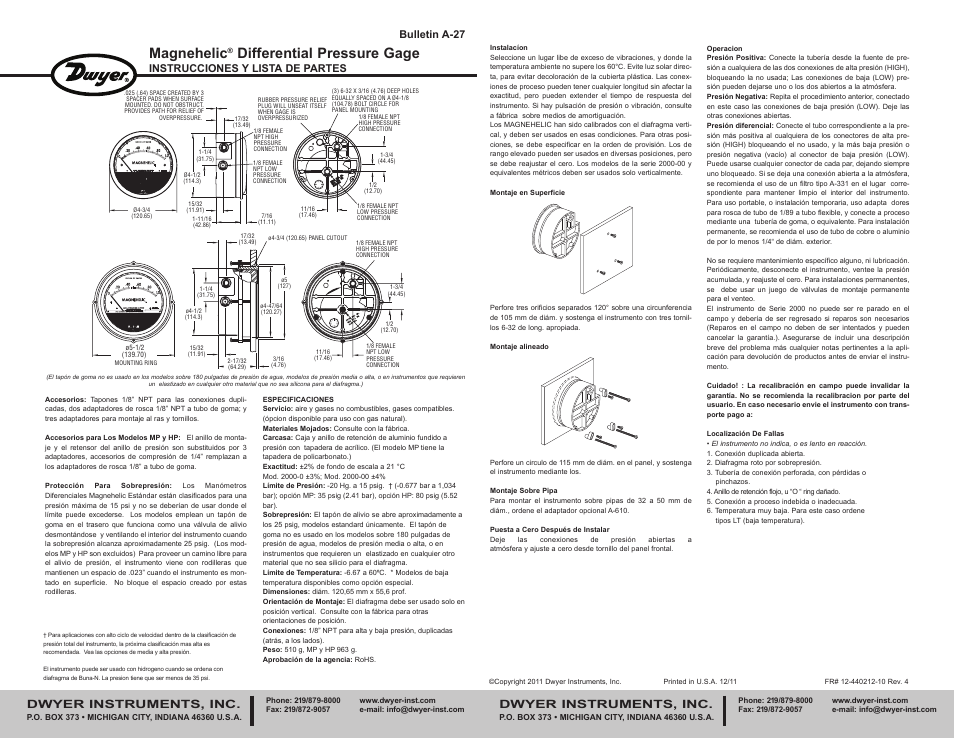 Magnehelic, Differential pressure gage, Dwyer instruments, inc | Dwyer AT22000 User Manual | Page 2 / 2