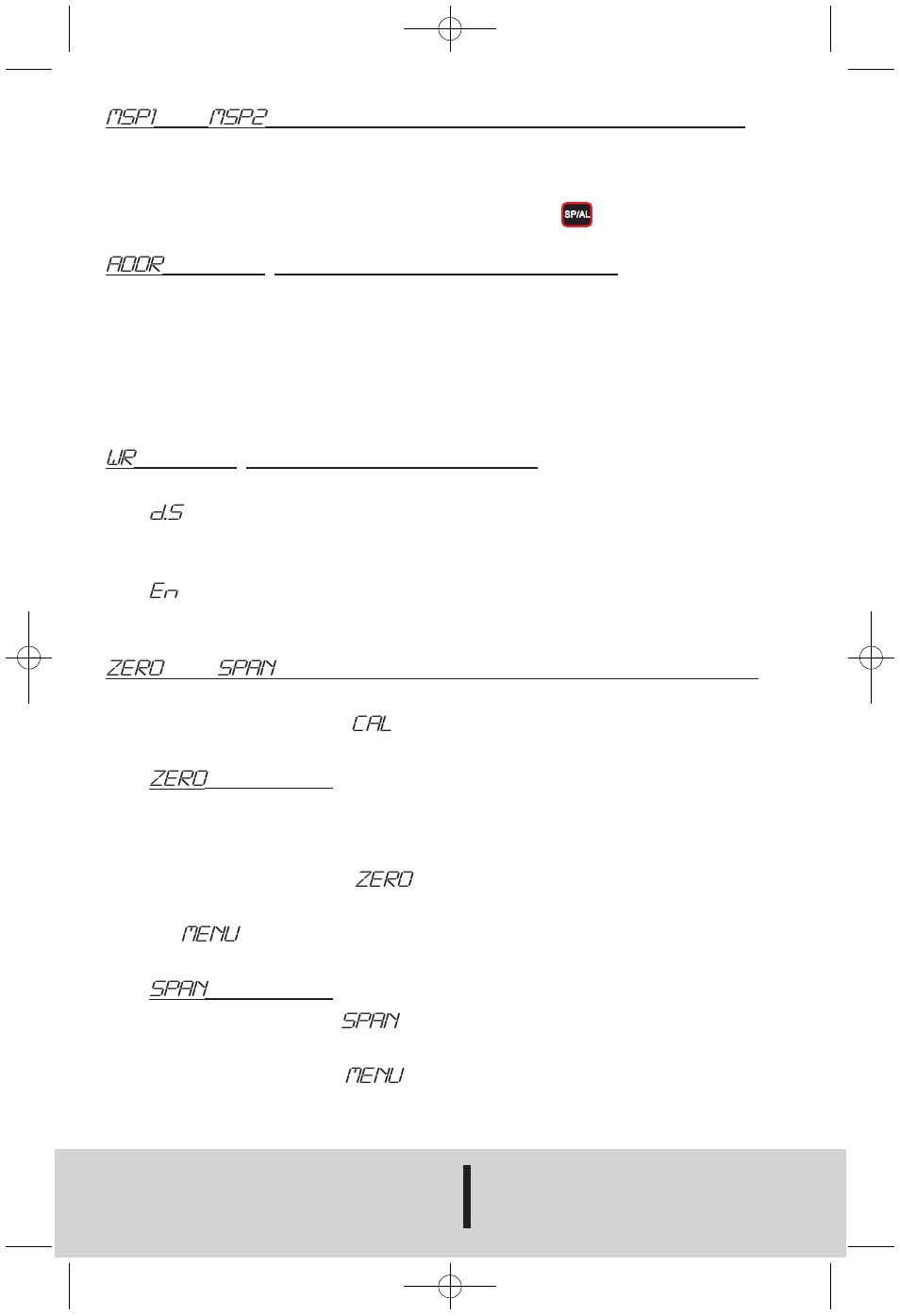 Msp1, Msp2, Addr | Zero, Span, Menu, Maintenance set point 1 & 2) sub menus, Modbus, Protocol address ) sub menu, Write protect) sub menu | Dwyer DH User Manual | Page 20 / 20