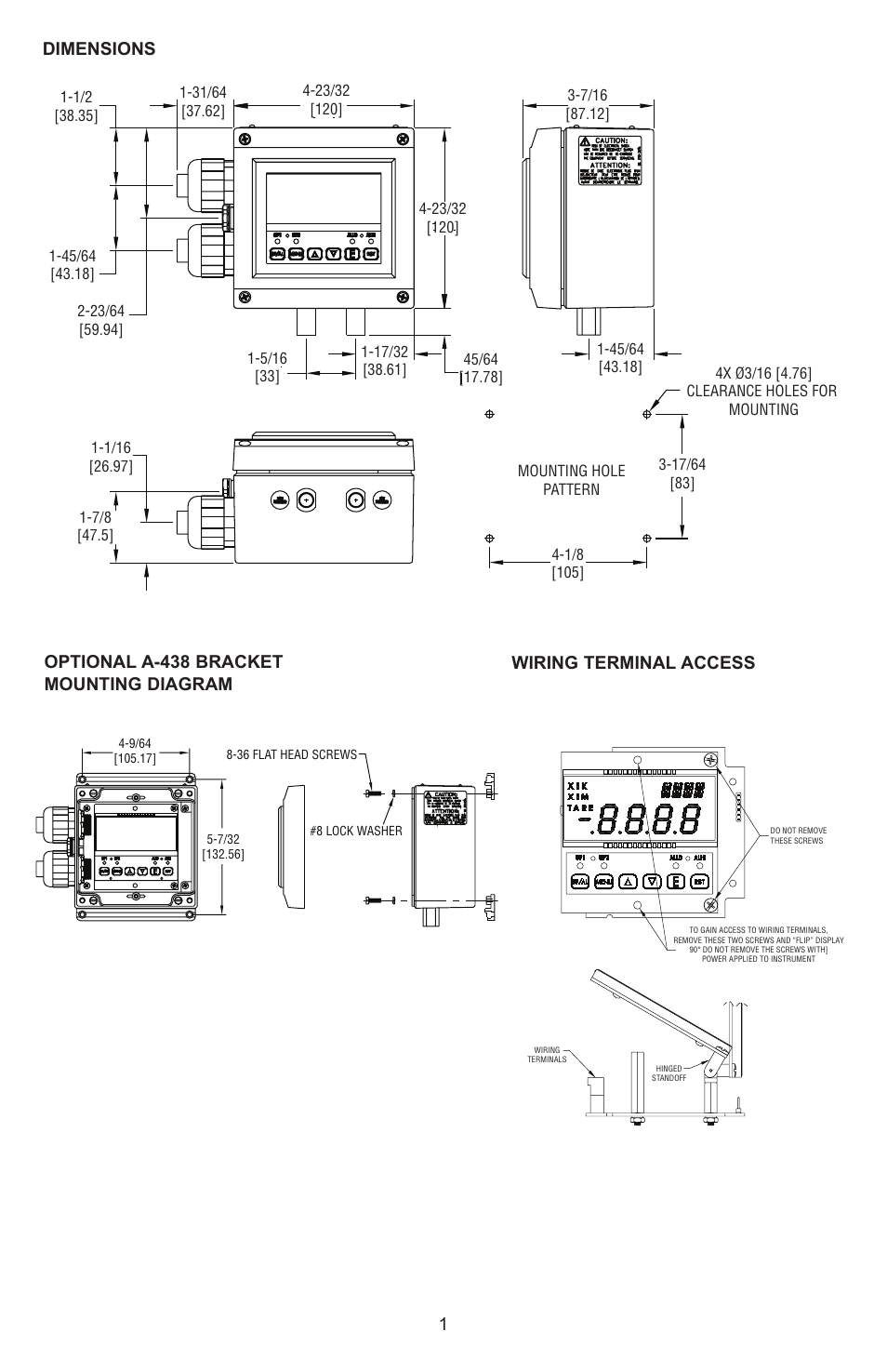 1dimensions, Wiring terminal access, Optional a-438 bracket mounting diagram | Dwyer DHII User Manual | Page 2 / 20