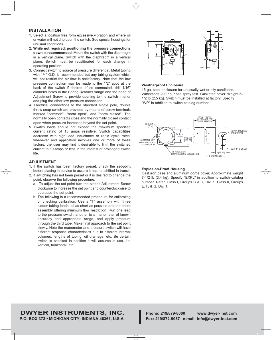 Dwyer instruments, inc, Installation, Adjustment | Dwyer 1800 User Manual | Page 2 / 4
