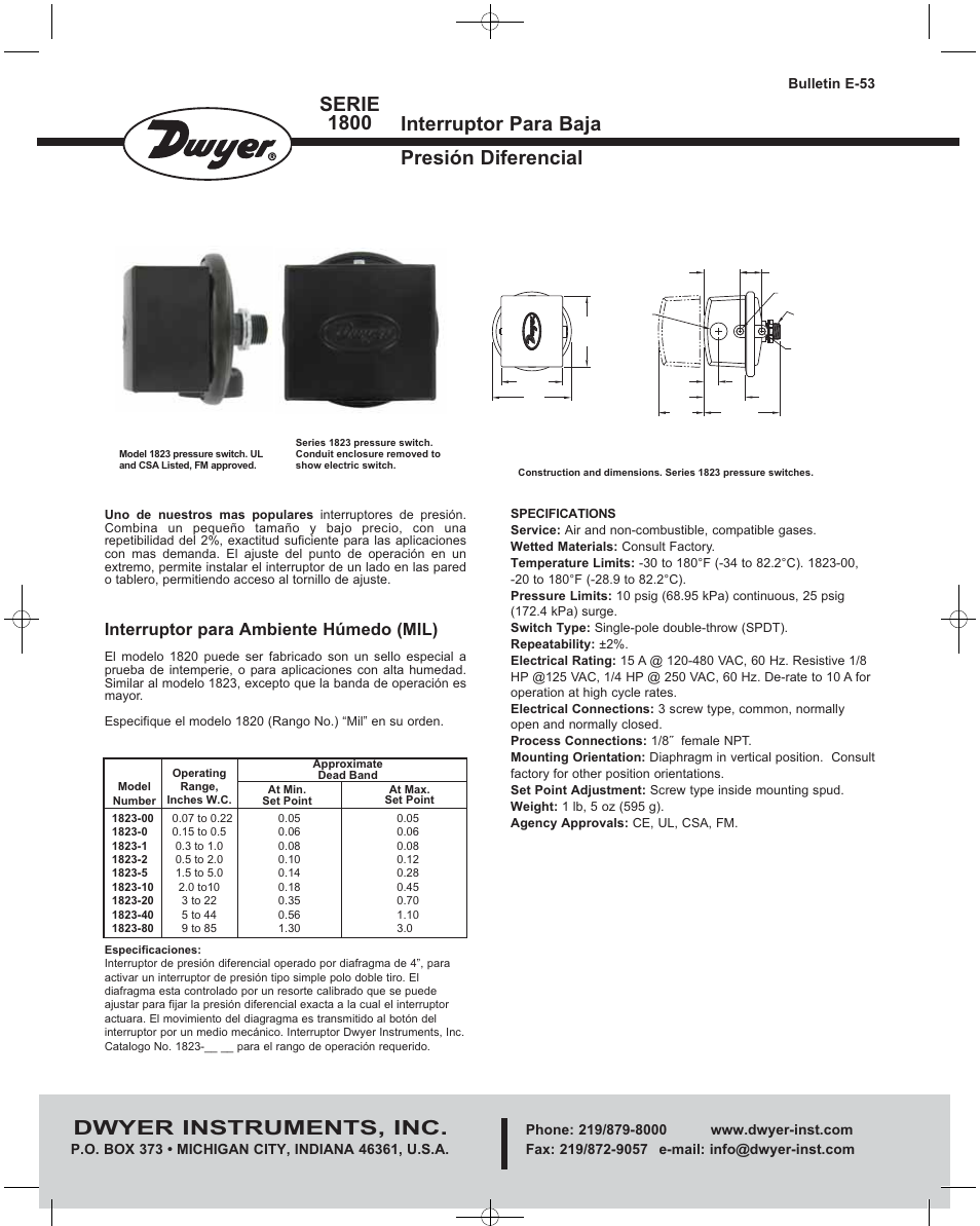 Serie 1800, Interruptor para baja presión diferencial, Dwyer instruments, inc | Interruptor para ambiente húmedo (mil) | Dwyer 1800 User Manual | Page 3 / 4