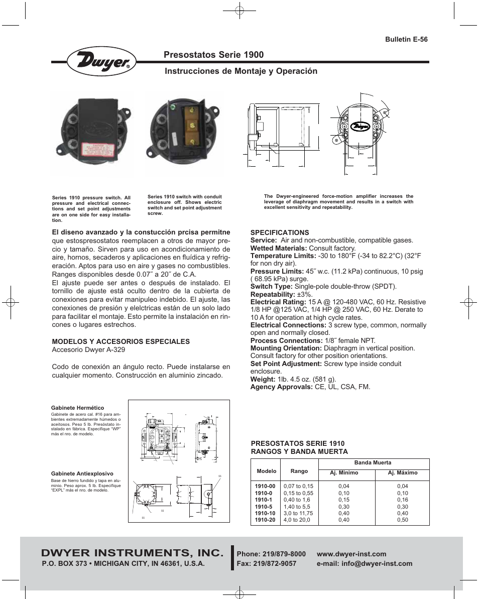 Dwyer instruments, inc, Presostatos serie 1900, Instrucciones de montaje y operación | Bulletin e-56, Presostatos serie 1910 rangos y banda muerta | Dwyer 1900 User Manual | Page 3 / 4