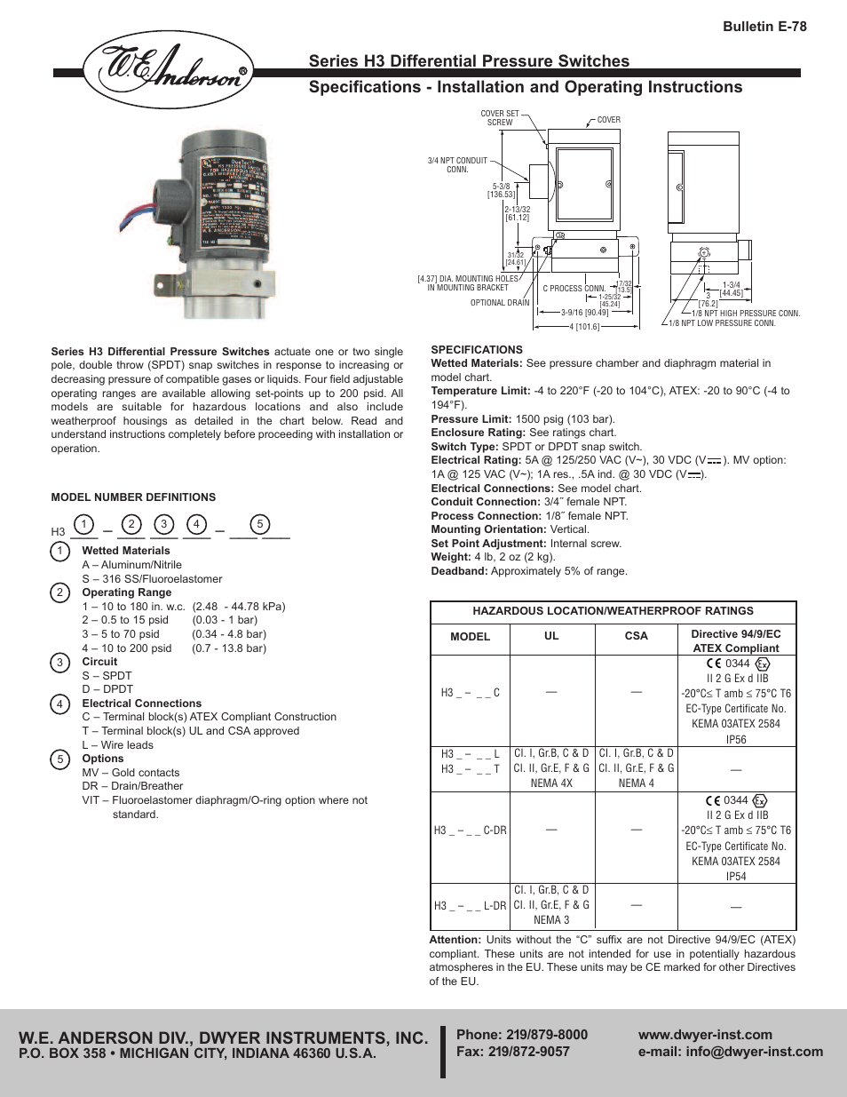 Dwyer H3 User Manual | 2 pages