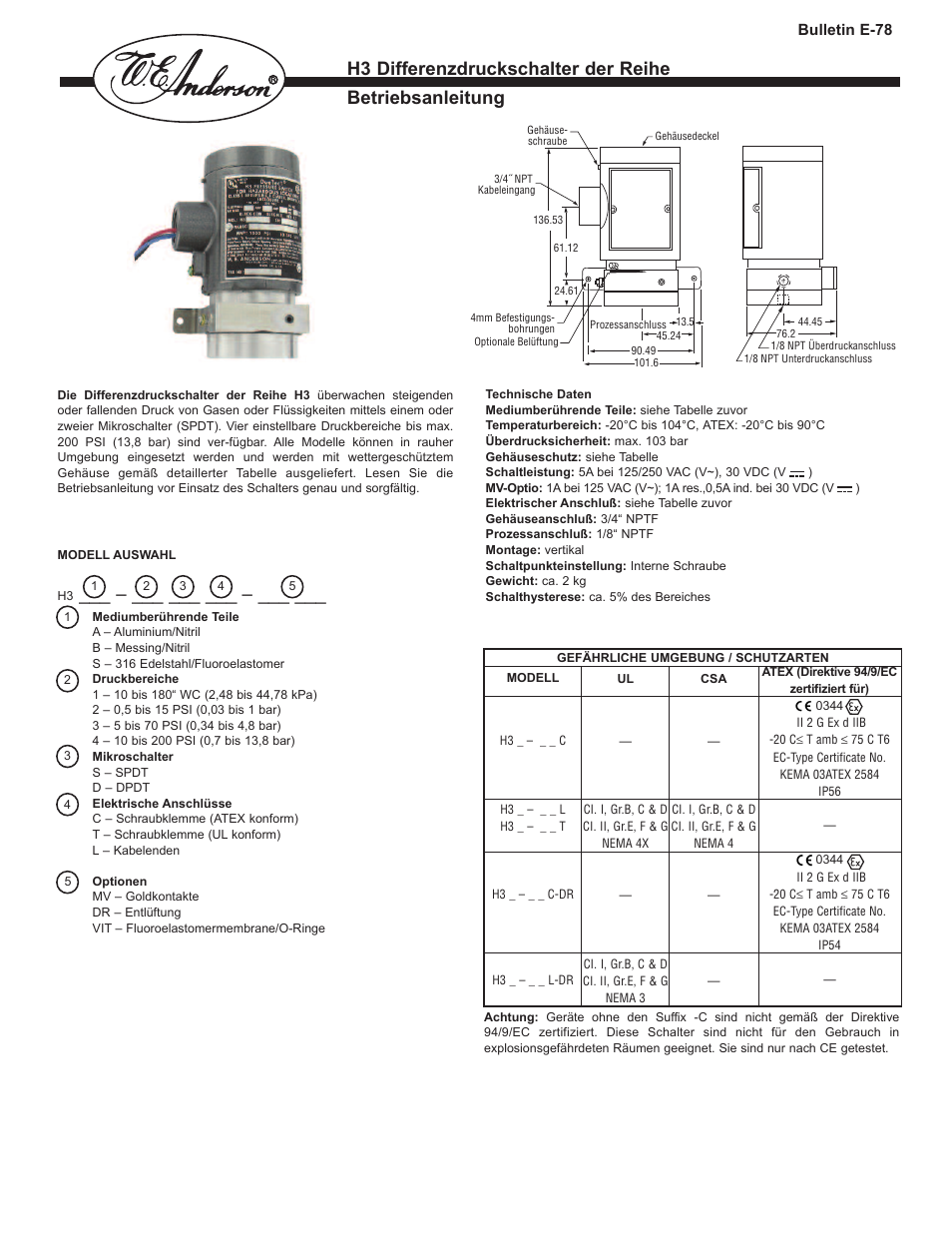 H3 differenzdruckschalter der reihe, Betriebsanleitung | Dwyer H3 User Manual | Page 3 / 8