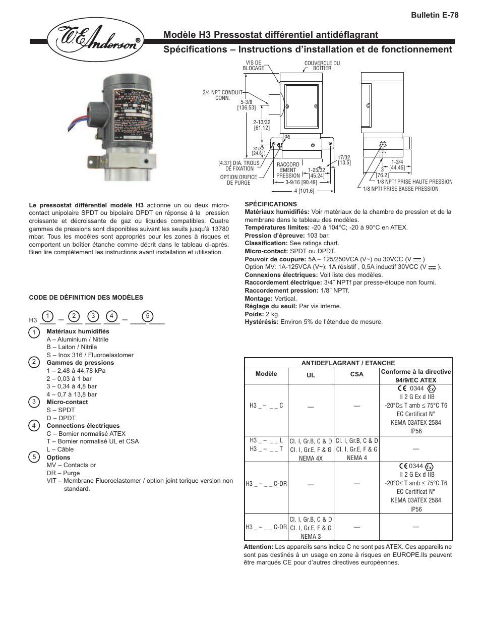 Modèle h3 pressostat différentiel antidéflagrant | Dwyer H3 User Manual | Page 5 / 8