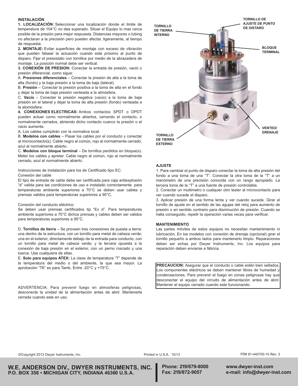 W.e. anderson div., dwyer instruments, inc | Dwyer H3 User Manual | Page 8 / 8