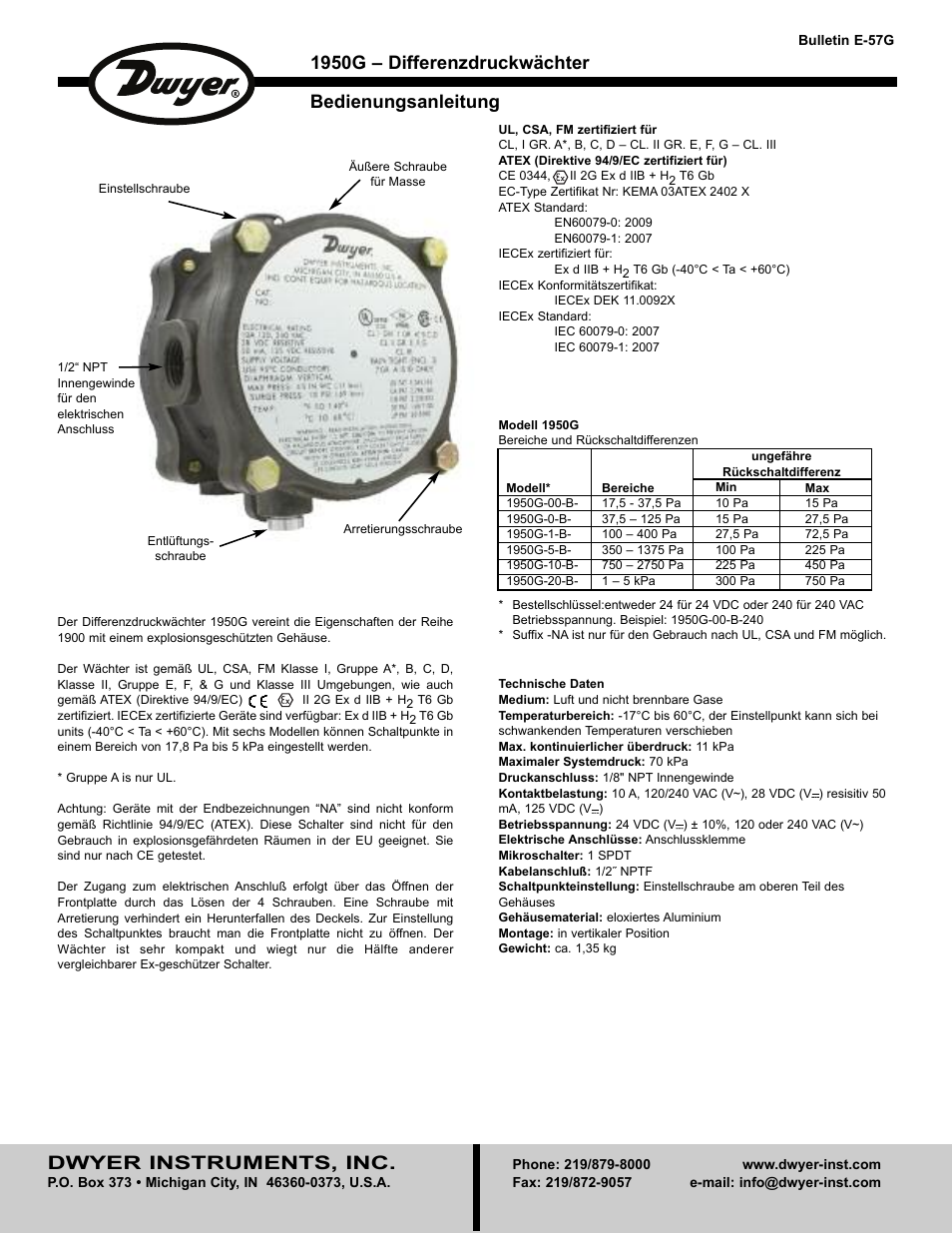 Dwyer instruments, inc, 1950g – differenzdruckwächter bedienungsanleitung | Dwyer 1950G User Manual | Page 3 / 8