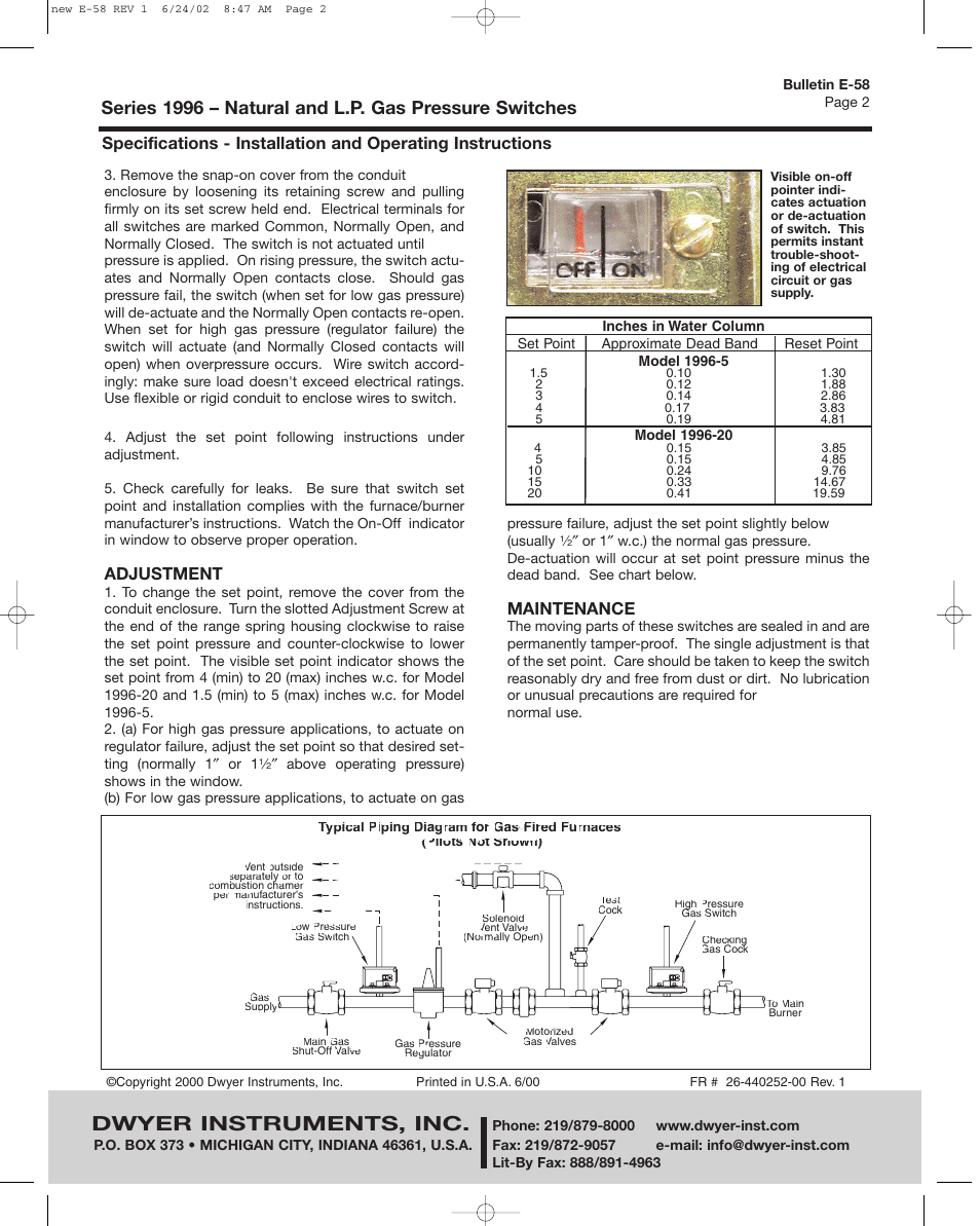 Dwyer instruments, inc, Adjustment, Maintenance | Dwyer 1996 User Manual | Page 2 / 2