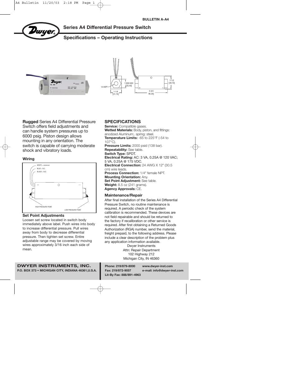 Dwyer A4 User Manual | 1 page