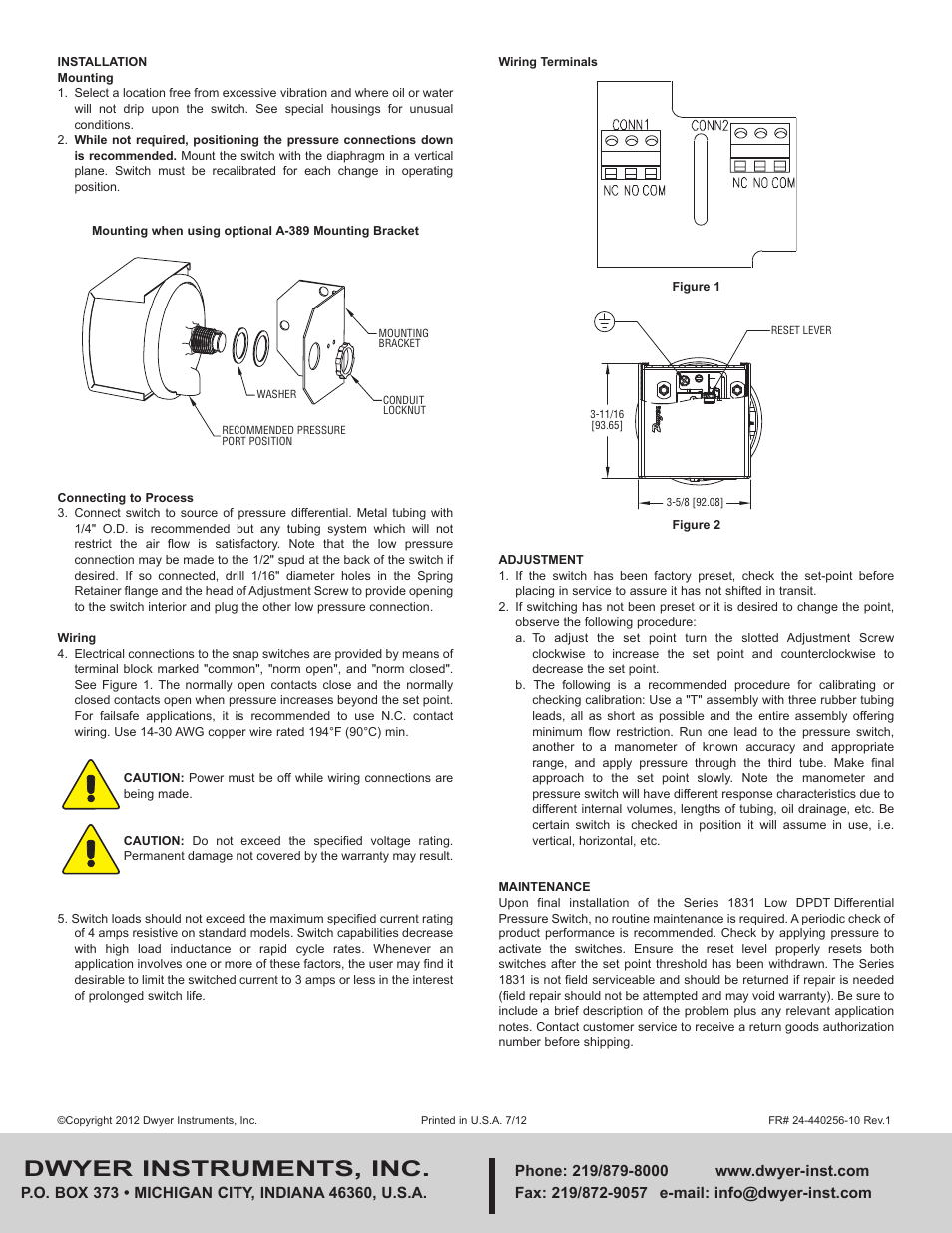 Dwyer instruments, inc | Dwyer 1831 User Manual | Page 2 / 2