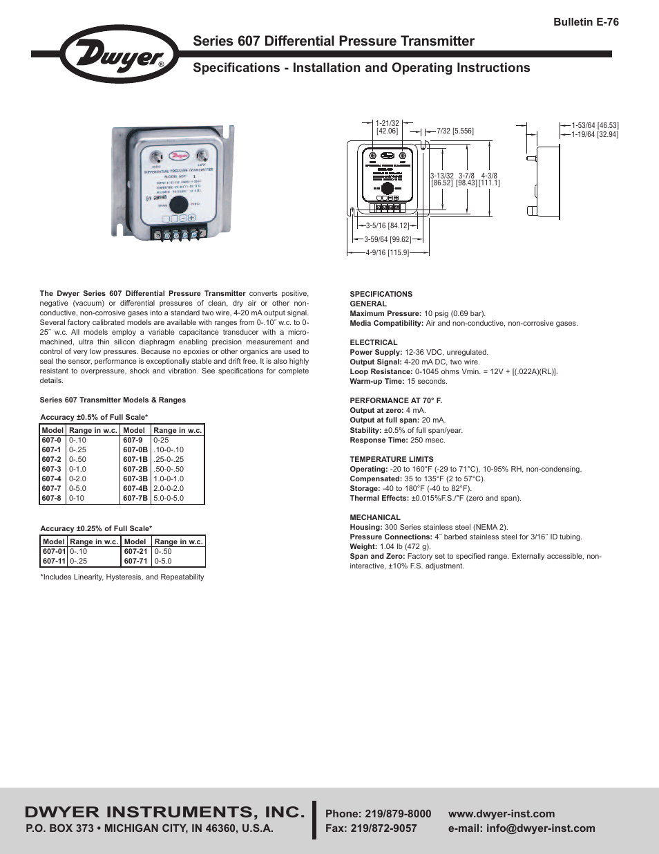 Dwyer 607 User Manual | 2 pages