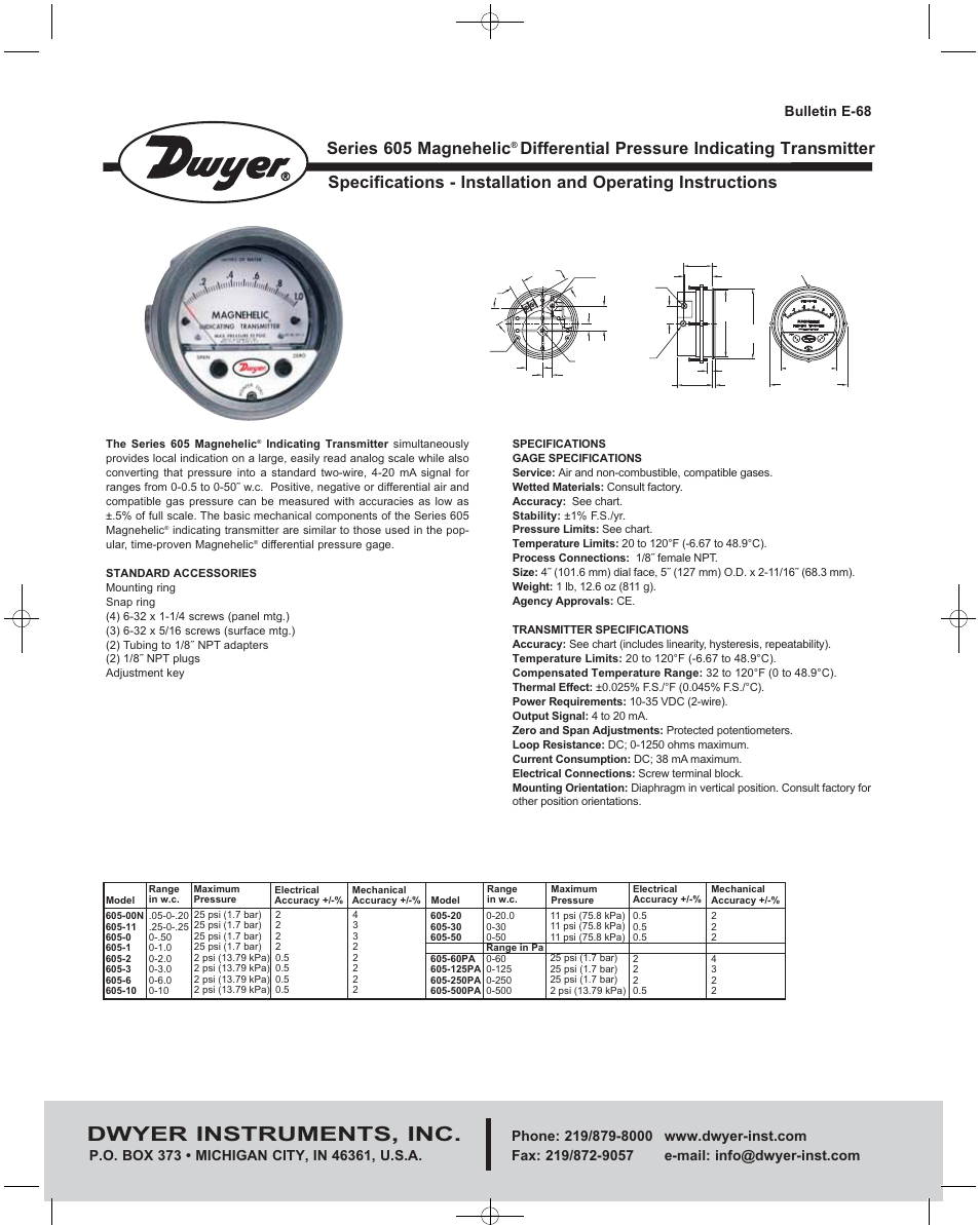 Dwyer 605 User Manual | 4 pages