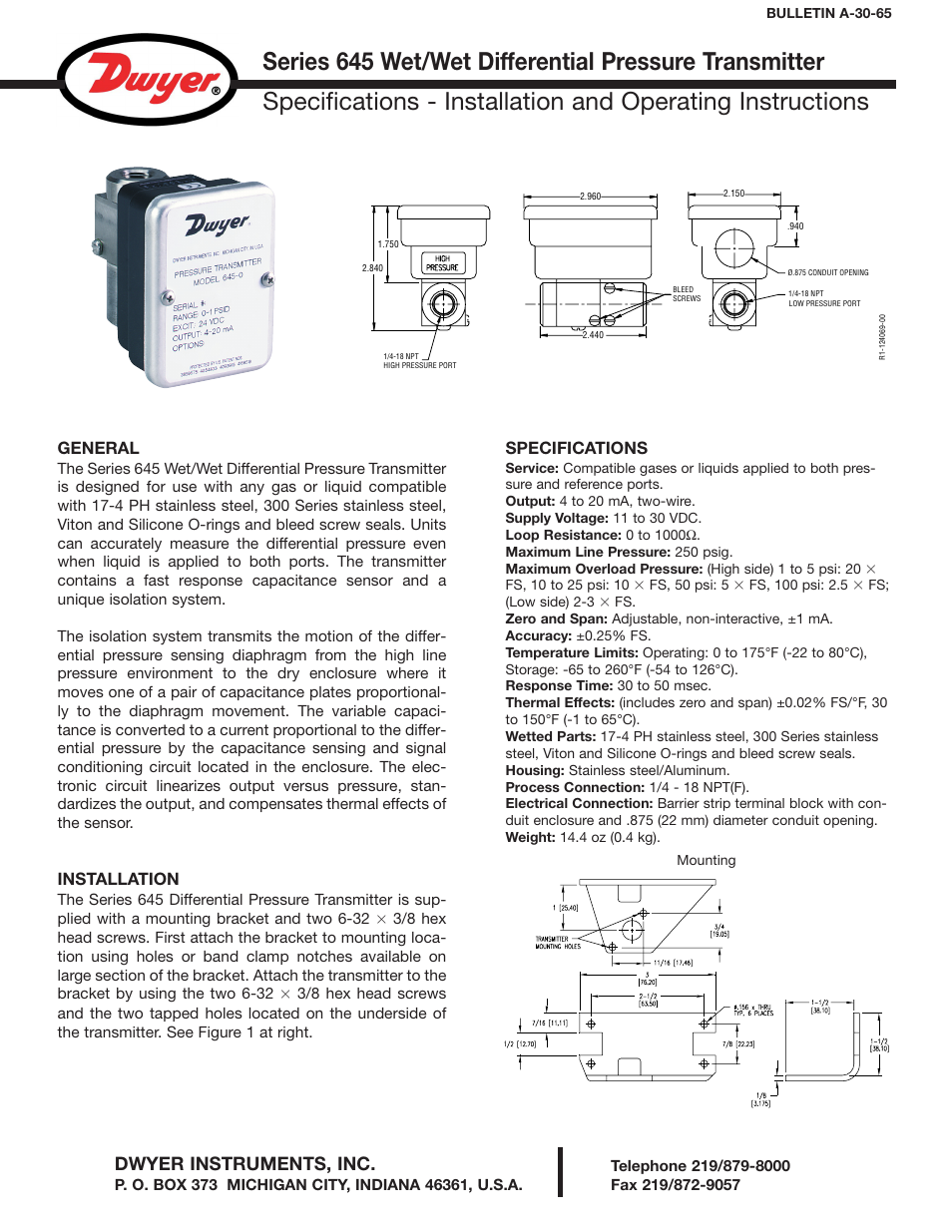 Dwyer 645 User Manual | 2 pages