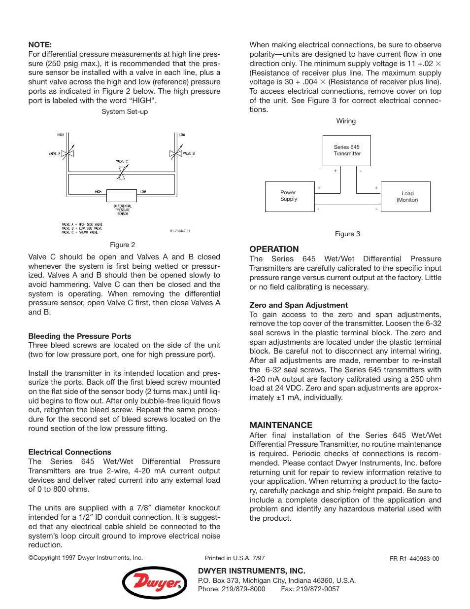 Operation, Maintenance | Dwyer 645 User Manual | Page 2 / 2