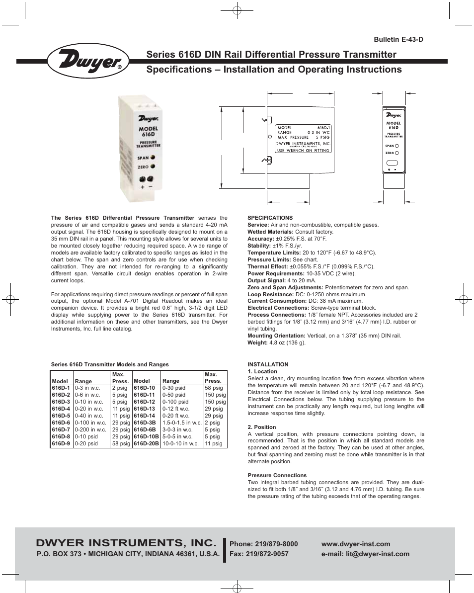 Dwyer 616D User Manual | 2 pages