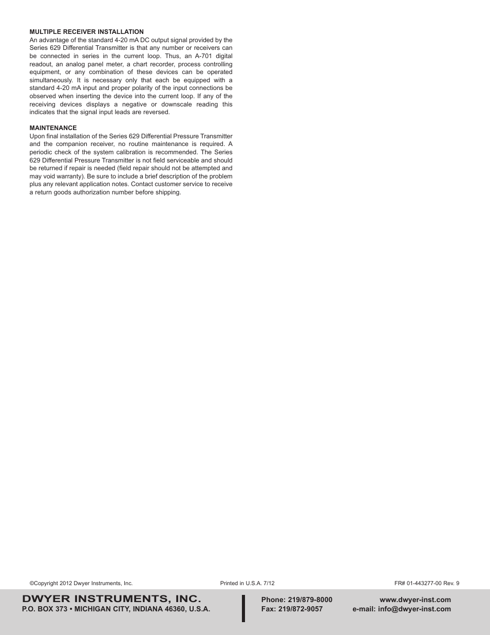 Dwyer instruments, inc | Dwyer 629 User Manual | Page 4 / 4