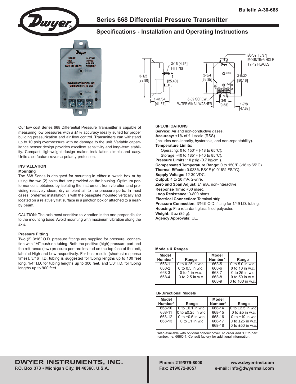 Dwyer 668 User Manual | 2 pages