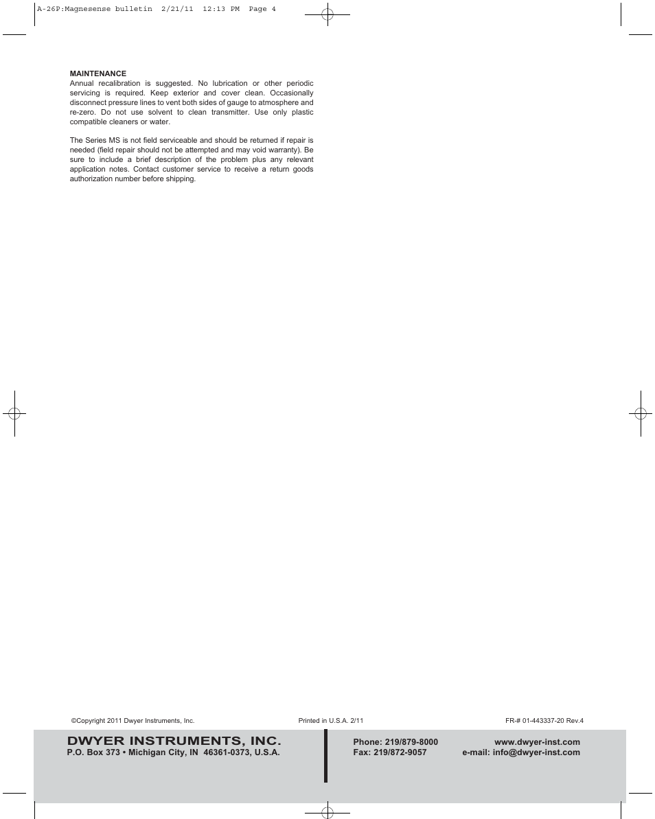 Dwyer instruments, inc | Dwyer MS User Manual | Page 4 / 4