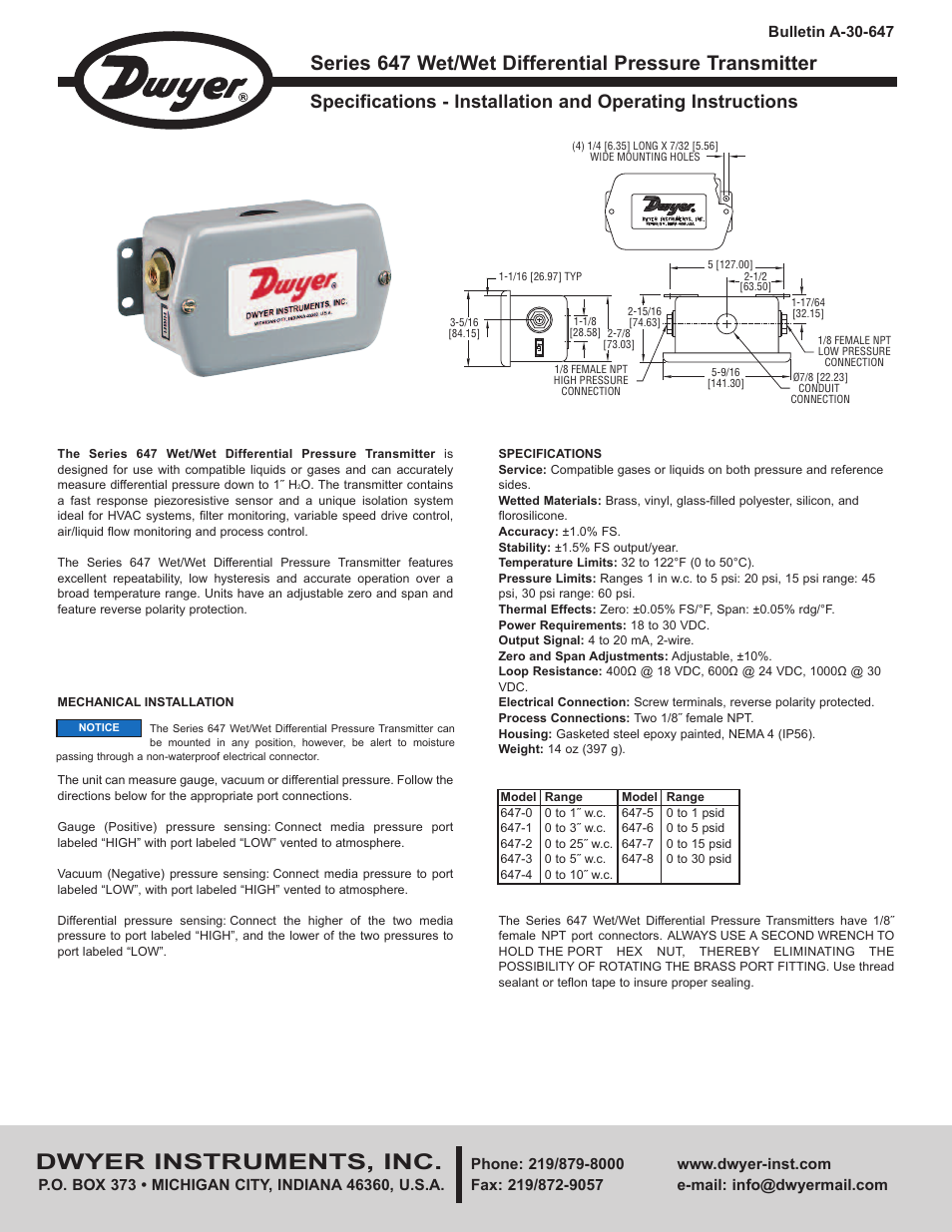 Dwyer 647 User Manual | 2 pages