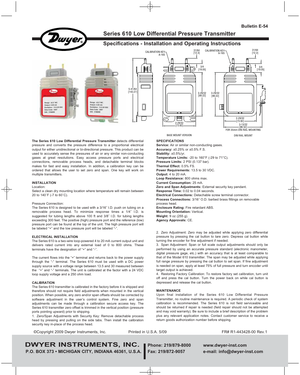 Dwyer 610 User Manual | 1 page