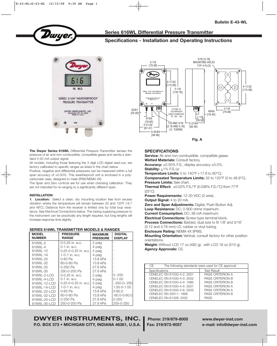 Dwyer 616WL User Manual | 2 pages
